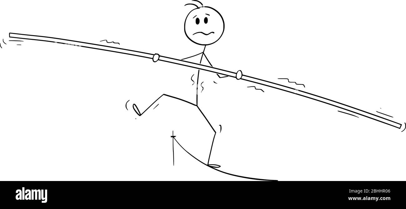 Personaggio cartoon vettoriale disegno concettuale di uomo, uomo d'affari, escursionista cirkus tightrope o passeggiatore a ropedone che cammina su corda con bar. Concetto di rischio e equilibrio aziendale. Illustrazione Vettoriale