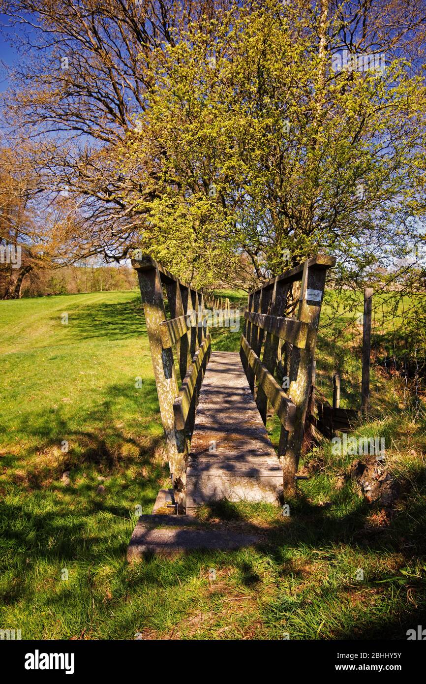 una vista ritratto di un ponte pedonale bizzarro, che sembra condurre verso gli alberi sul bordo del pascolo. Foto Stock