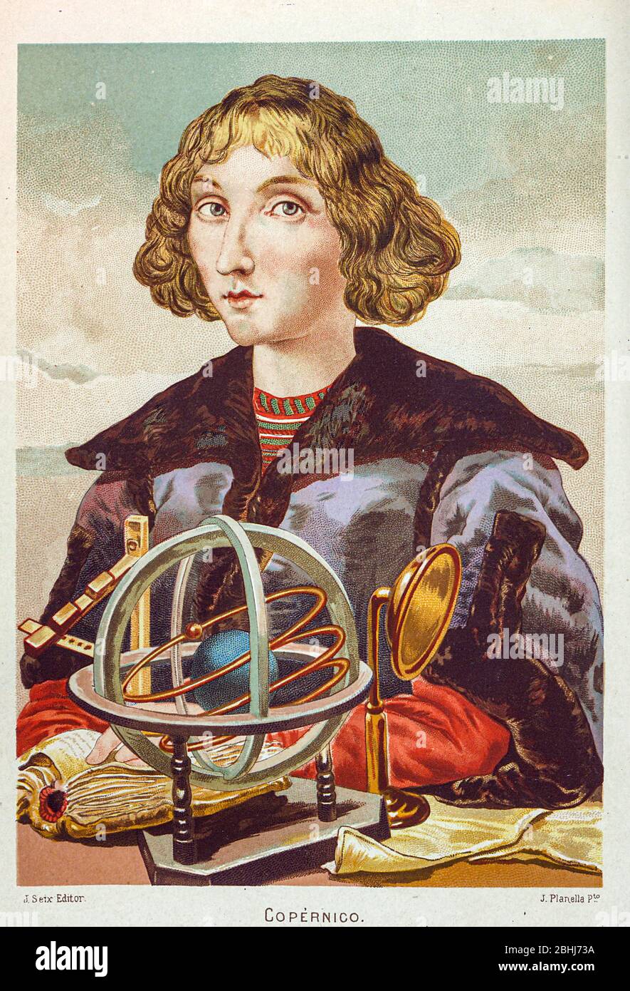 Nicolaus Copernico (anche Mikołaj Kopernik; Nikolaus Kopernikus; Niklas Koppernigk, 19 febbraio 1473 – 24 maggio 1543) è stato un matematico e astronomo dell'epoca rinascimentale. Chi formulò un modello dell'universo che pose il Sole piuttosto che la Terra al centro dell'universo, con tutta probabilità indipendentemente da Aristarco di Samos, che aveva formulato tale modello circa diciotto secoli prima. La pubblicazione del modello di Copernico nel suo libro De rivoluzionibus orbium coelestium (sulle rivoluzioni delle sfere celesti), poco prima della sua morte nel 1543, fu un evento importante nel suo HIS Foto Stock