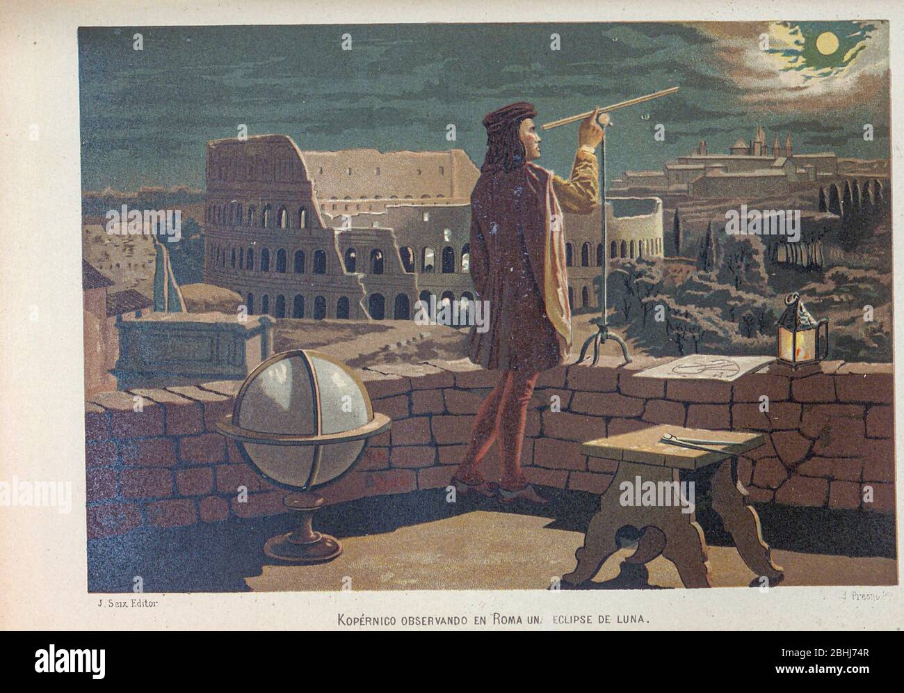 Nicolaus Copernicus [Koperico] osservare un'eclissi lunare a Roma dal libro la ciencia y sus hombres : vidas de los sabios ilustres desde la antigüedad hasta el siglo XIX T. 2 [Scienza e suoi uomini: Vive dei saggi illustri dall'antichità al secolo XIX Vol 2] di Figuier, Louis, (1819-1894); Casabó y Pagés, Pelegrín, n. 1831 pubblicato a Barcellona da D. Jaime Seix, editore , 1879 (Imprenta de Baseda y Giró) Foto Stock
