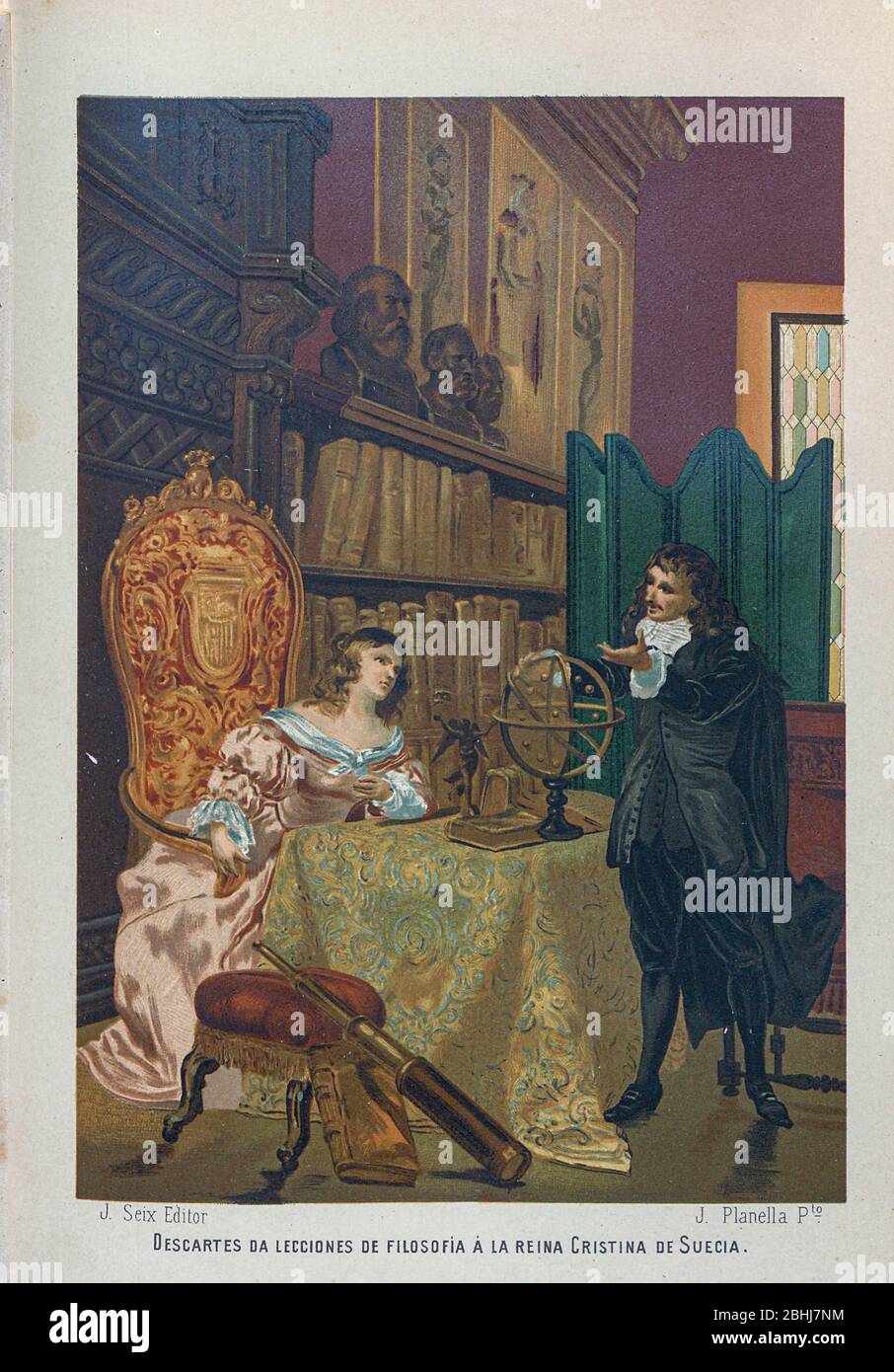 René Descartes (31 marzo 1596 – 11 febbraio 1650) con la Regina Christina di Svezia. Dal libro la ciencia y sus hombres : vidas de los sabios ilustres desde la antigüedad hasta el siglo XIX T. 2 [Scienza e suoi uomini: Vite dei saggi illustri dall'antichità al Vol 2 del XIX secolo] di Figuier, Louis, (1819-1894); Casabó y Pagés, Pelegrín, n. 1831 pubblicato a Barcellona da D. Jaime Seix, editore , 1879 (Imprenta de Baseda y Giró) Foto Stock