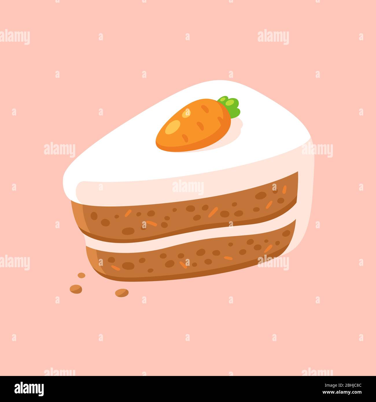 Fetta di torta di carote con crema di formaggio glassa e decorazione di carote marzapane. Illustrazione semplice e carina della clip art vettoriale. Illustrazione Vettoriale