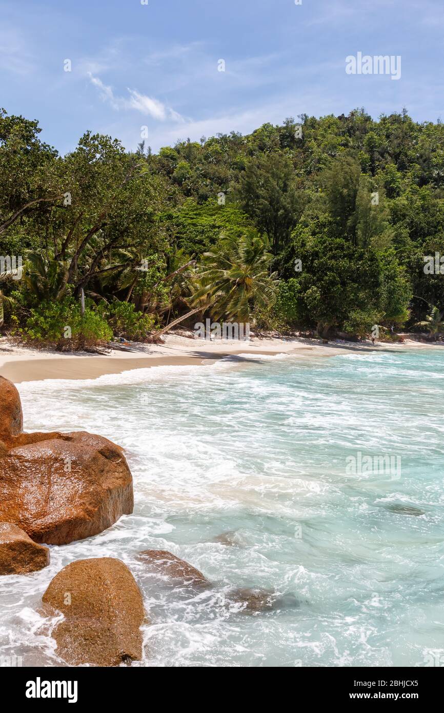 Spiaggia Anse Georgette Praslin isola Seychelles ritratto formato simbolico foto vacanza mare acqua Foto Stock