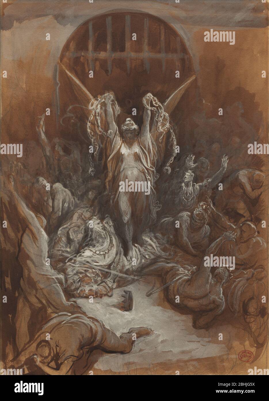 Liberty c.. 1865-1875 di Gustave Doré (Gustave Dore) (francese, 1832-1883) Francia, lavaggio marrone del XIX secolo e gouache grigie e bianche con grafite su carta Beige Wove Foto Stock