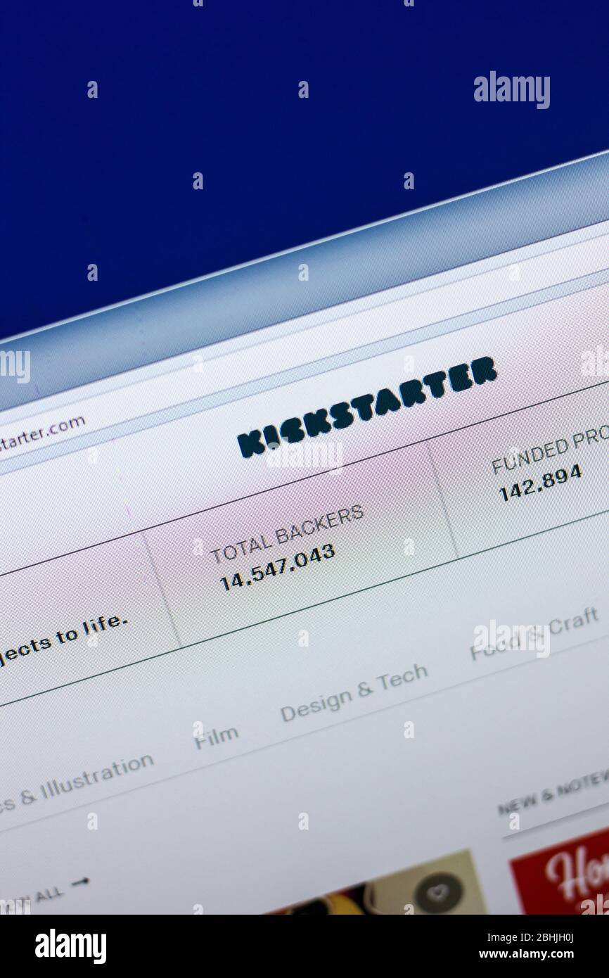 Ryazan, Russia - 29 aprile 2018: Homepage del sito web di Kickstarter sul display del PC, url - Kickstarter.com. Foto Stock