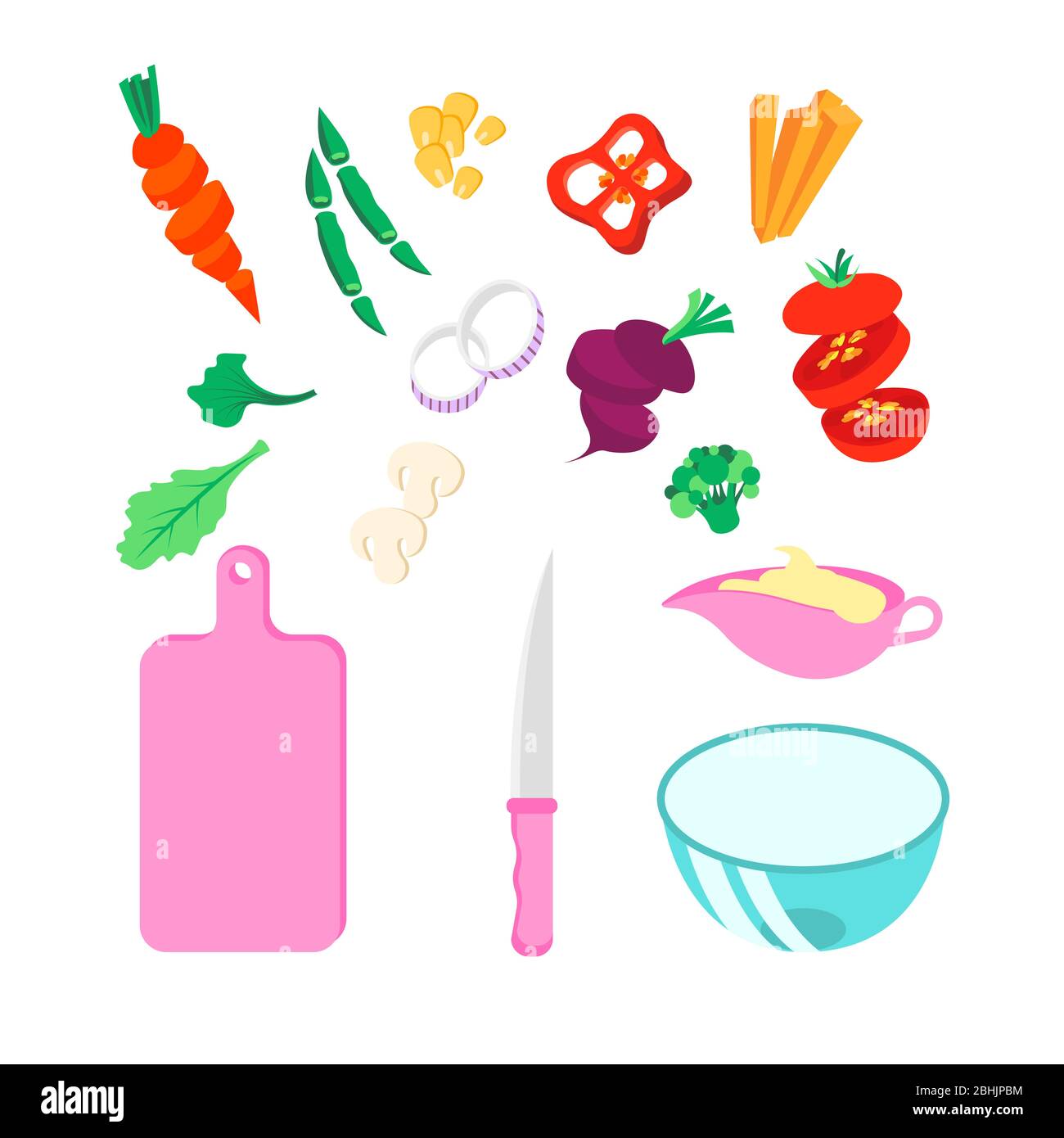 Set di verdure varie, tagliere, coltello, ciotola di vetro, barca con sugo con sause. Corsi di cucina vista dall'alto con stoviglie e prodotti in cucina e. Illustrazione Vettoriale