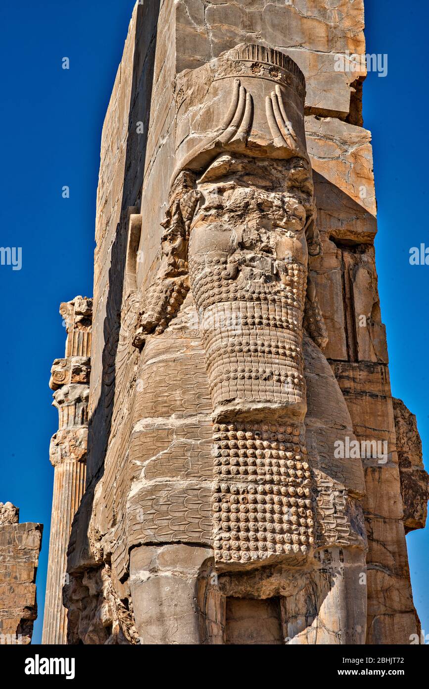 Particolare del lamassu, tori con la testa di un uomo al barbuto, porta di tutte le nazioni, Persepolis, Iran. Foto Stock