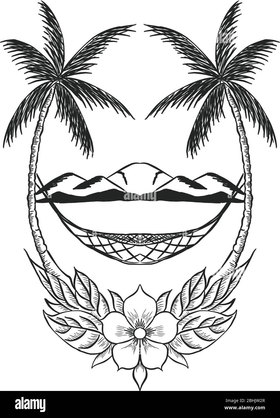 Disegno silhouette paesaggio natura tropicale con grafica montagna, cocco albero, floreale e swing. Emblema lineare di disegno migliore. Illustrazione Vettoriale
