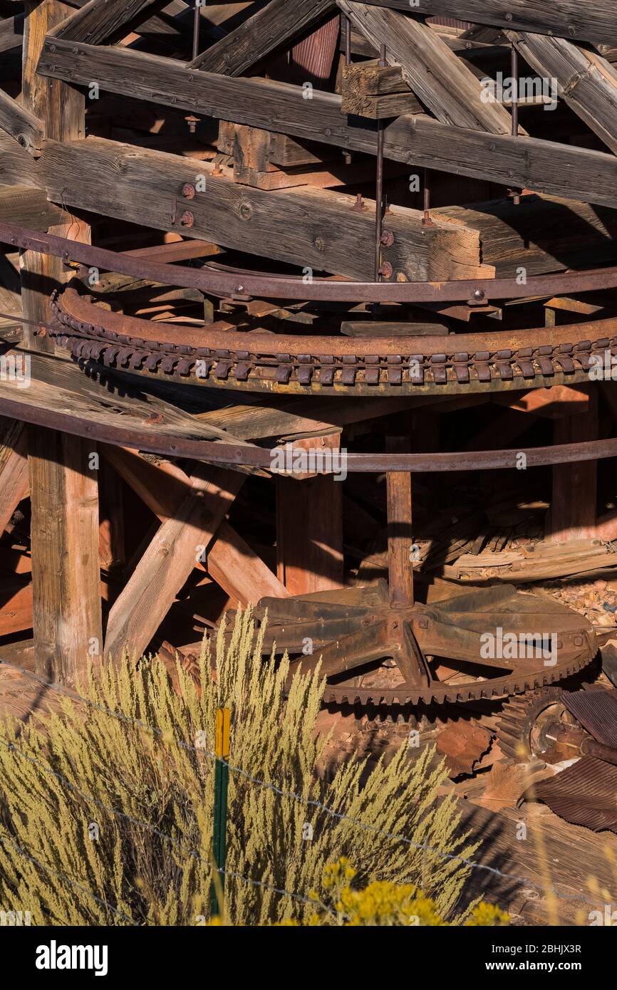 Il Tramway aereo Pioche trasportò minerale d'argento dalle miniere al Godbe Mill negli anni '20 e '30, Pioche, Nevada, USA Foto Stock