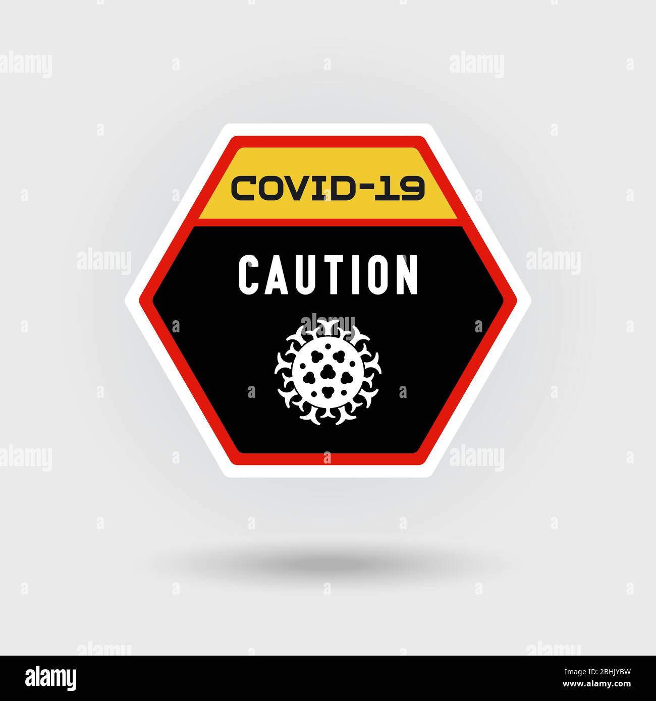 COVID-19 segnale di pericolo di coronavirus. Include un'icona virus stilizzata. Il messaggio avverte di attenzione. Disposizione a forma esagonale. Illustrazione Vettoriale