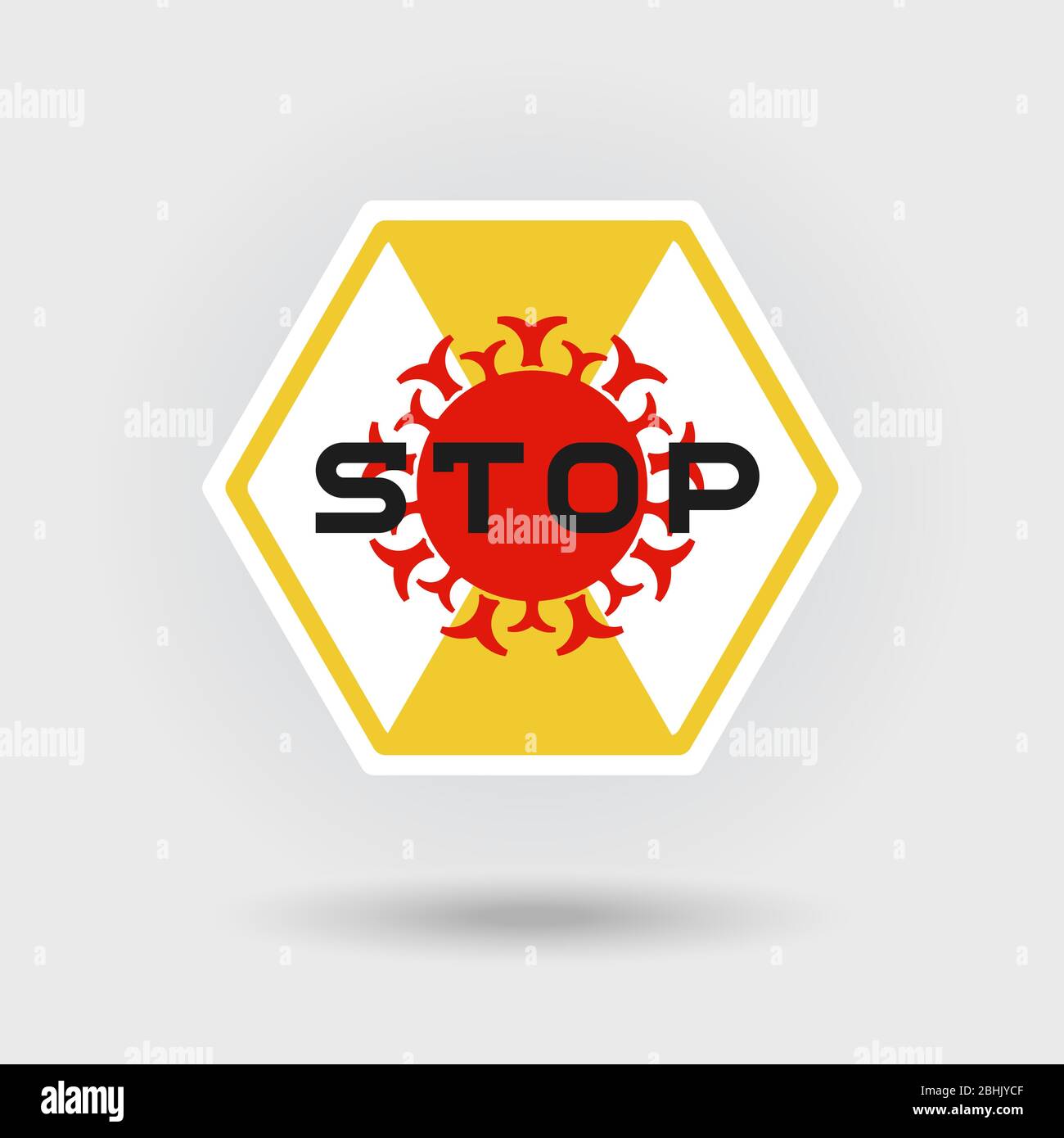 COVID-19 segnale di avvertenza per coronavirus. Include un'icona virus stilizzata. Il disegno contiene l'iscrizione ‘Stop‘. Disposizione a forma esagonale. Illustrazione Vettoriale