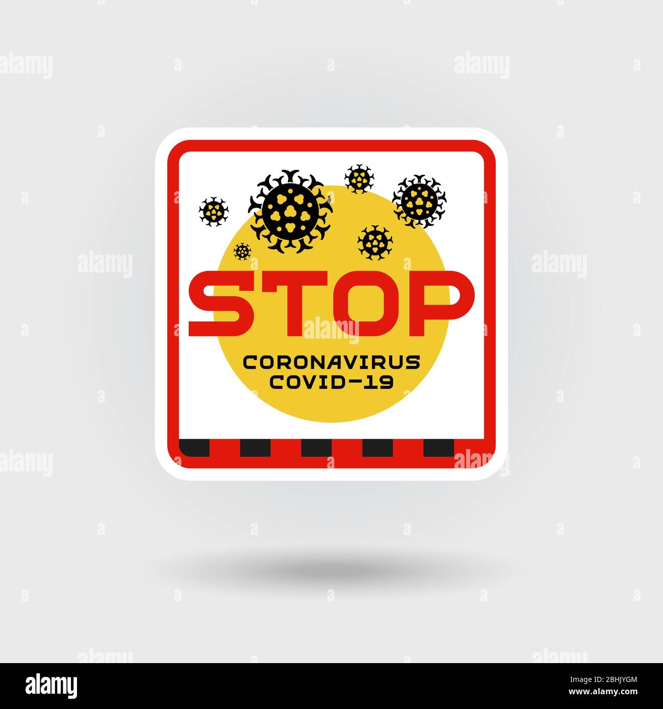 COVID-19 segnale di avvertenza per coronavirus. Include un'icona stilizzata di infezione da virus. Il disegno contiene l'iscrizione ‘Stop‘. Design a forma quadrata. Illustrazione Vettoriale