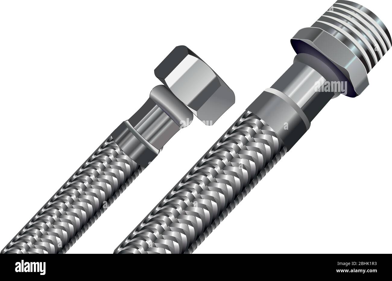 Tubi flessibili per acqua in una treccia metallica. Immagine vettoriale su sfondo bianco. Illustrazione Vettoriale