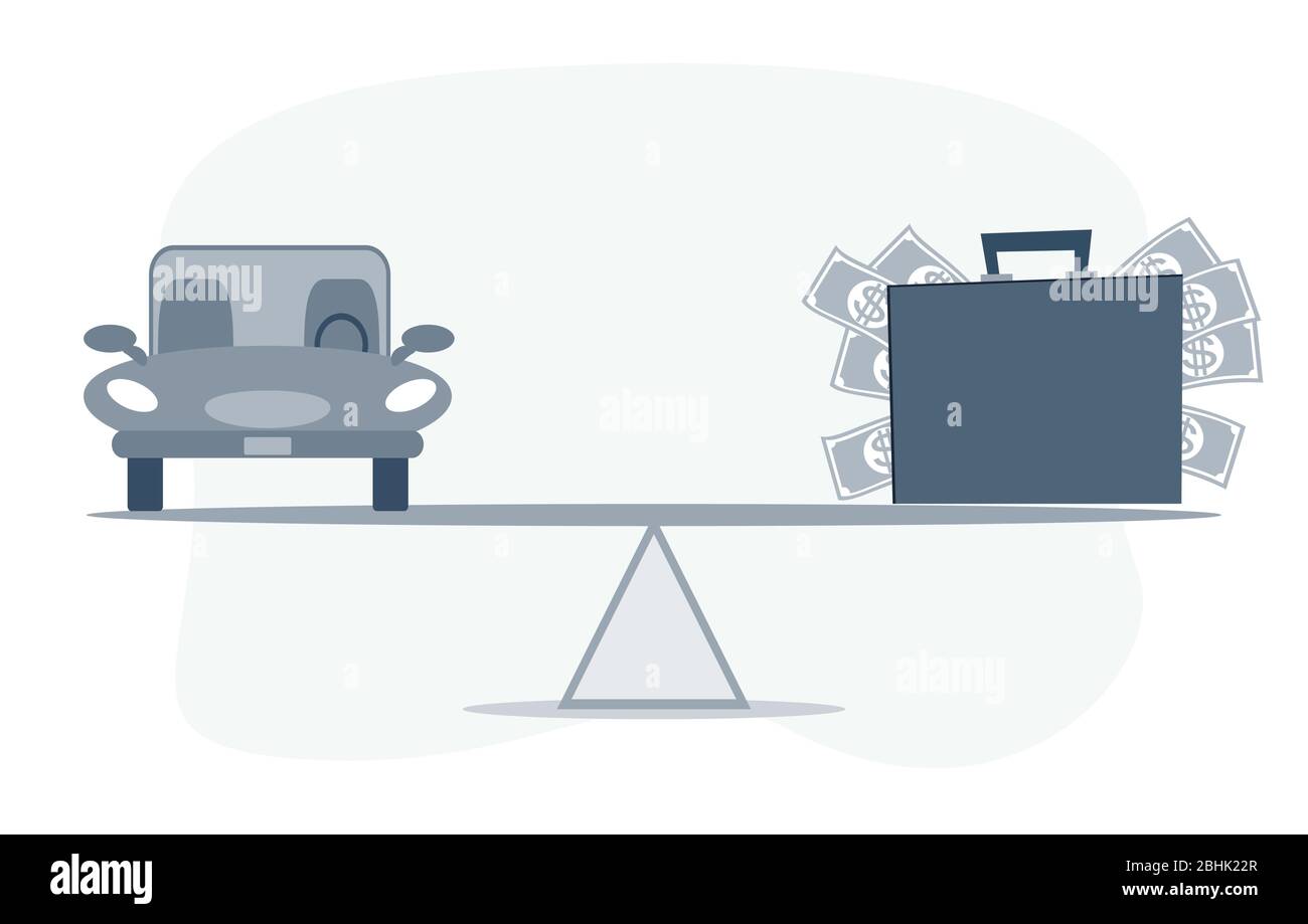 Auto, prestito auto o trasformare le attività in concetto di cassa. Modello di automobile, banconote in dollari USA in valigia su scala di equilibrio semplice. Illustrazione Vettoriale
