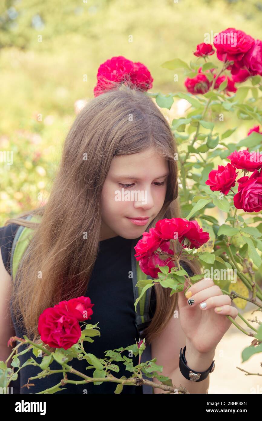 Una ragazza adolescente che guarda e odorano rose in un bellissimo giardino estivo Foto Stock