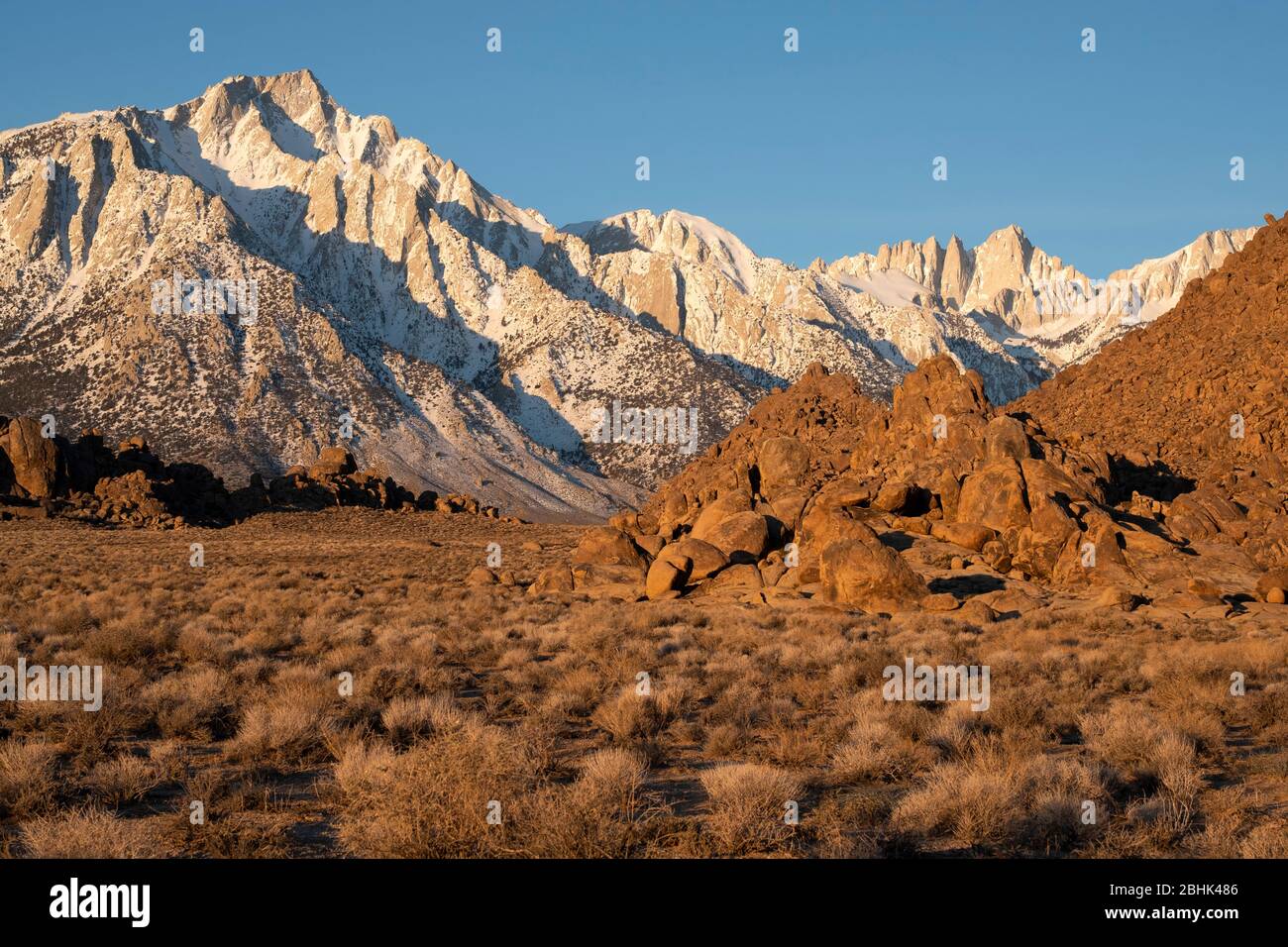 Vista sul Monte Whitney all'alba dalle colline dell'Alabama nella contea di Inyo, California Foto Stock
