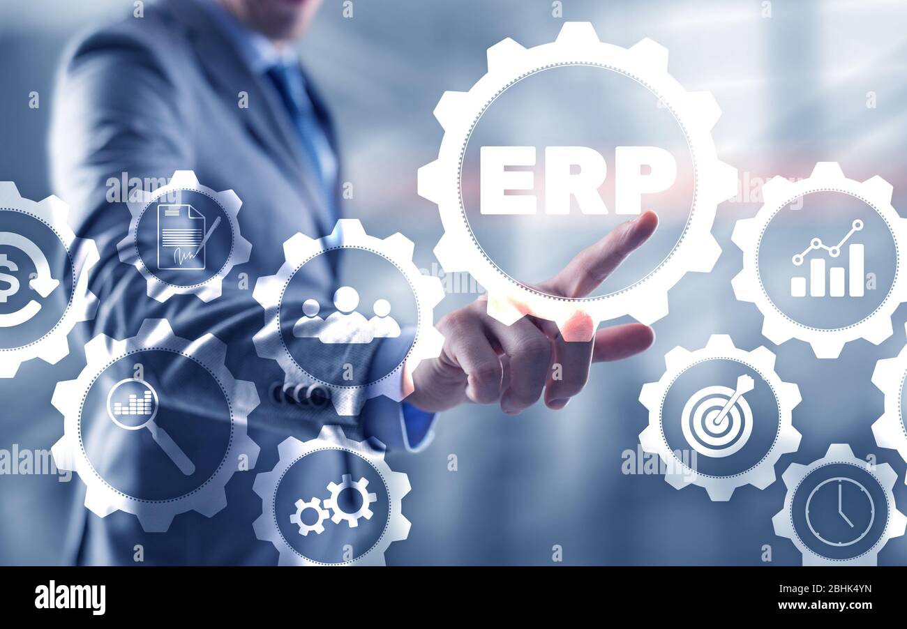 Enterprise Resource Planning ERP Corporate Business Concept su base futuristica. Foto Stock