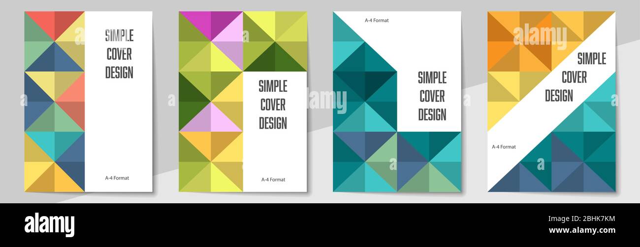 Modelli geometrici di progettazione di copertine formato A-4. Set di layout modificabili per copertine di libri, riviste, notebook, album, opuscoli. Design piatto, moderno Illustrazione Vettoriale