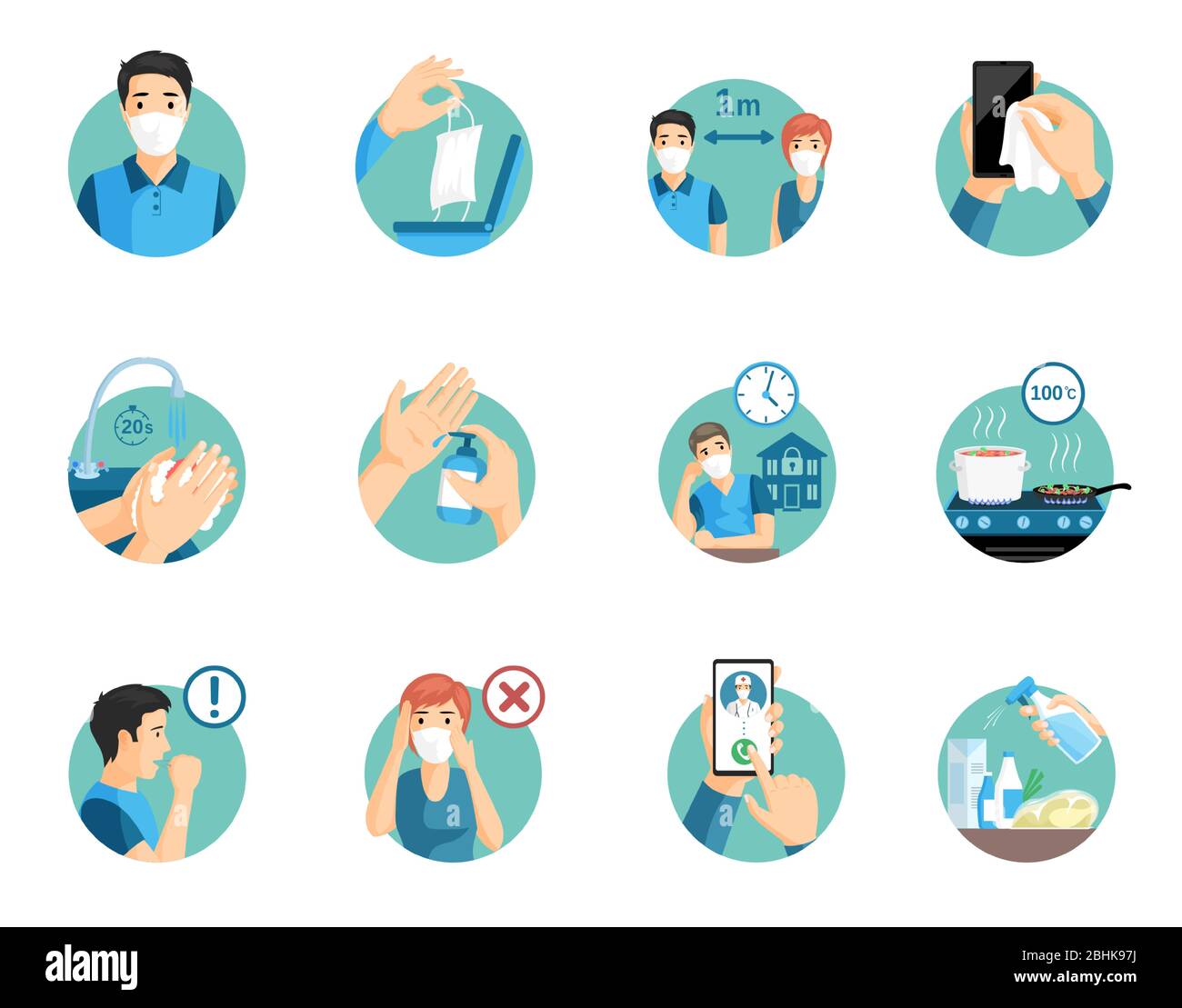 Suggerimenti per la protezione del coronavirus durante la pandemia globale. Covid-19 misure di prevenzione, rimanere a casa, utilizzare la maschera, lavare le mani, utilizzare disinfettante e chiamare il medico se si sente male vettore piatta illustrazione. Illustrazione Vettoriale
