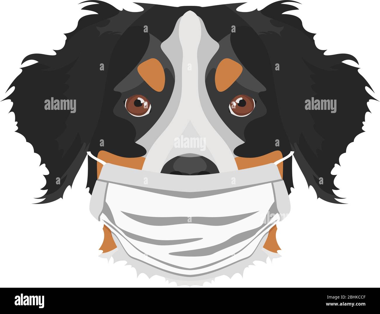 Illustrazione di un cane Bernese con un respiratore. In questo momento della pandemia, il disegno è un grafico piacevole per gli appassionati di cani. Illustrazione Vettoriale
