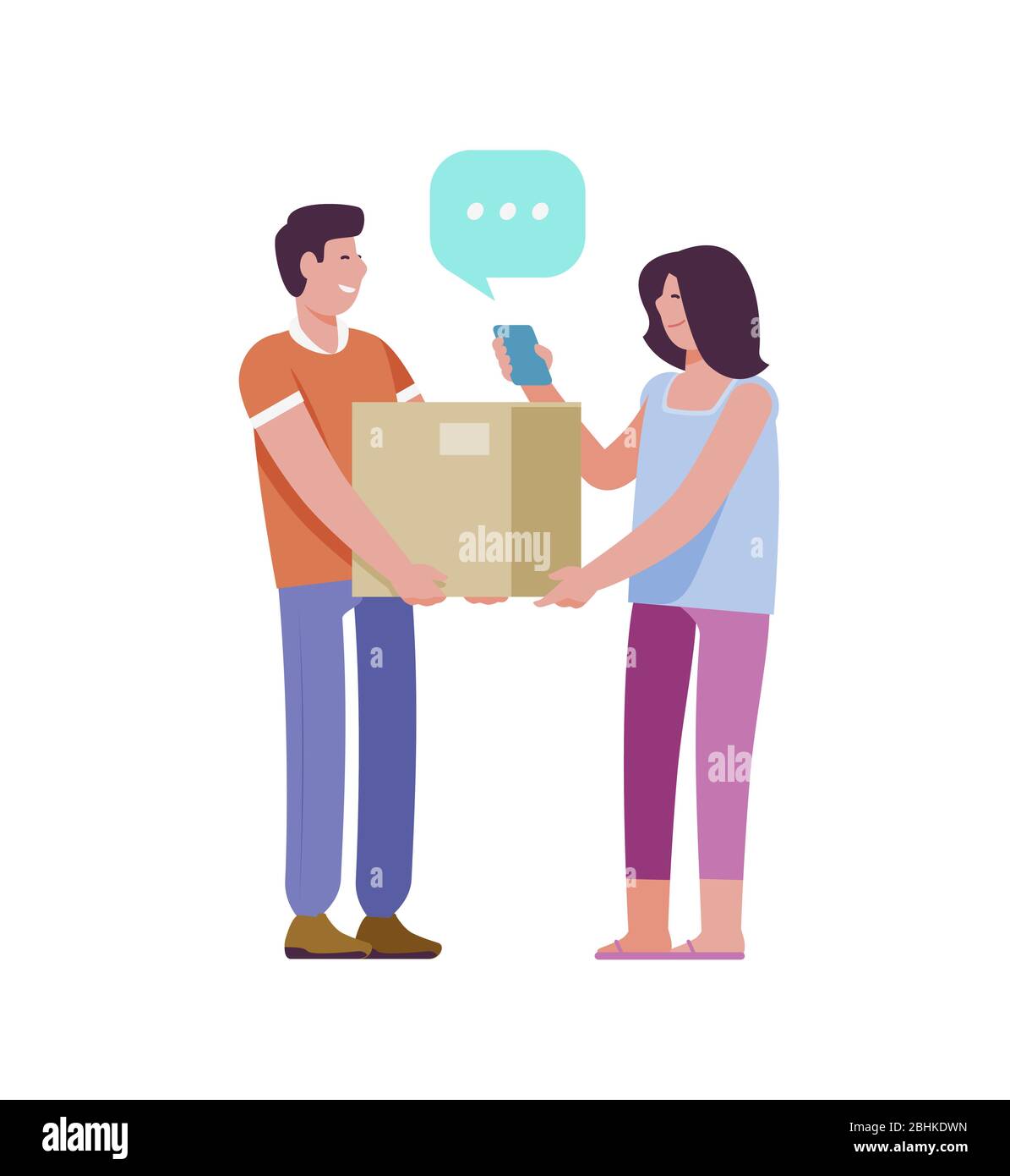 Servizio di consegna. Il corriere consegna al cliente la scatola con il pacco Illustrazione Vettoriale