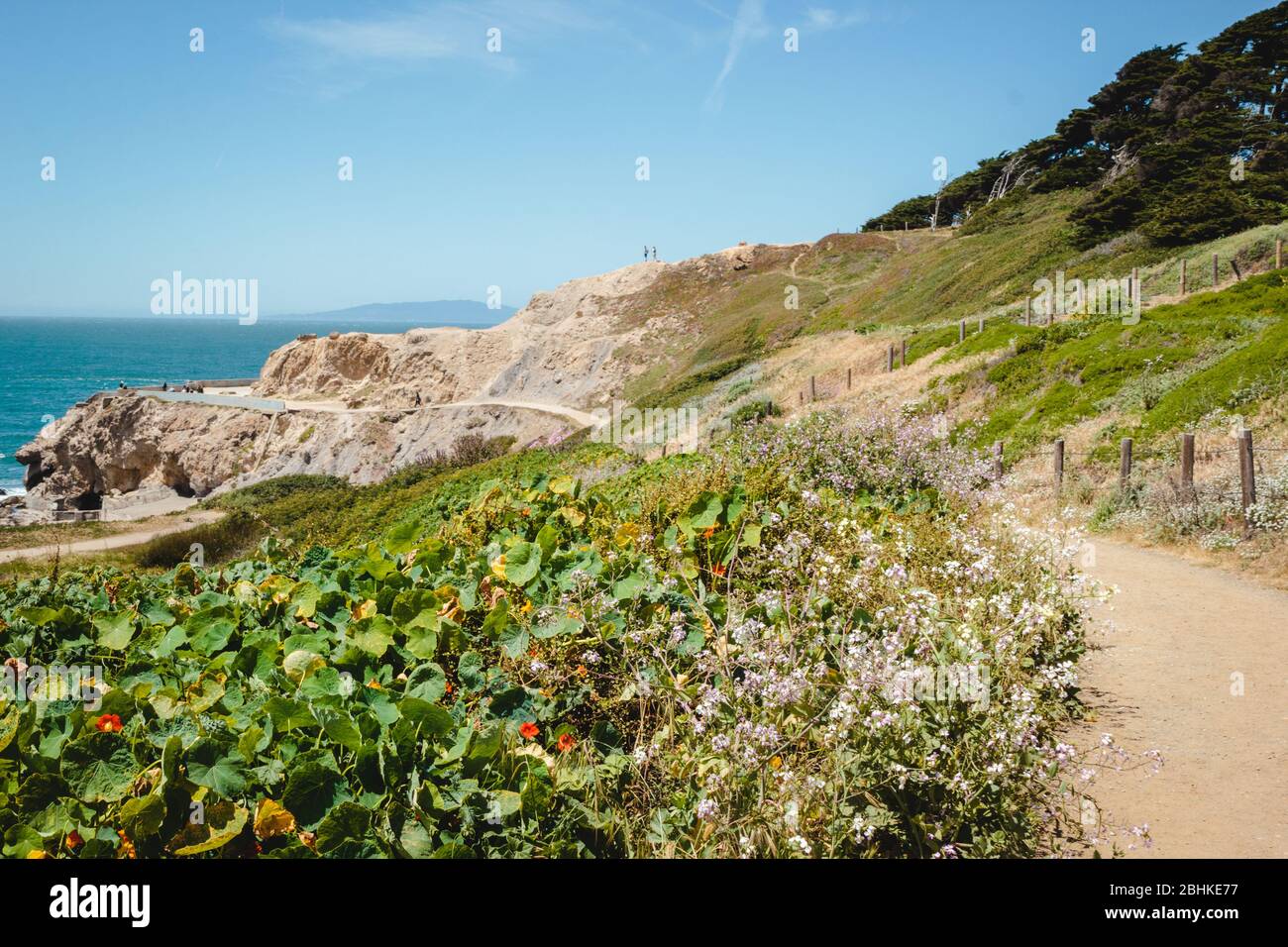 Vista panoramica dal Sutro Baths Upper Trail sull'Oceano Pacifico. Luoghi turistici a San Francisco, destinazioni di viaggio nella Bay Area, California punti di riferimento Foto Stock