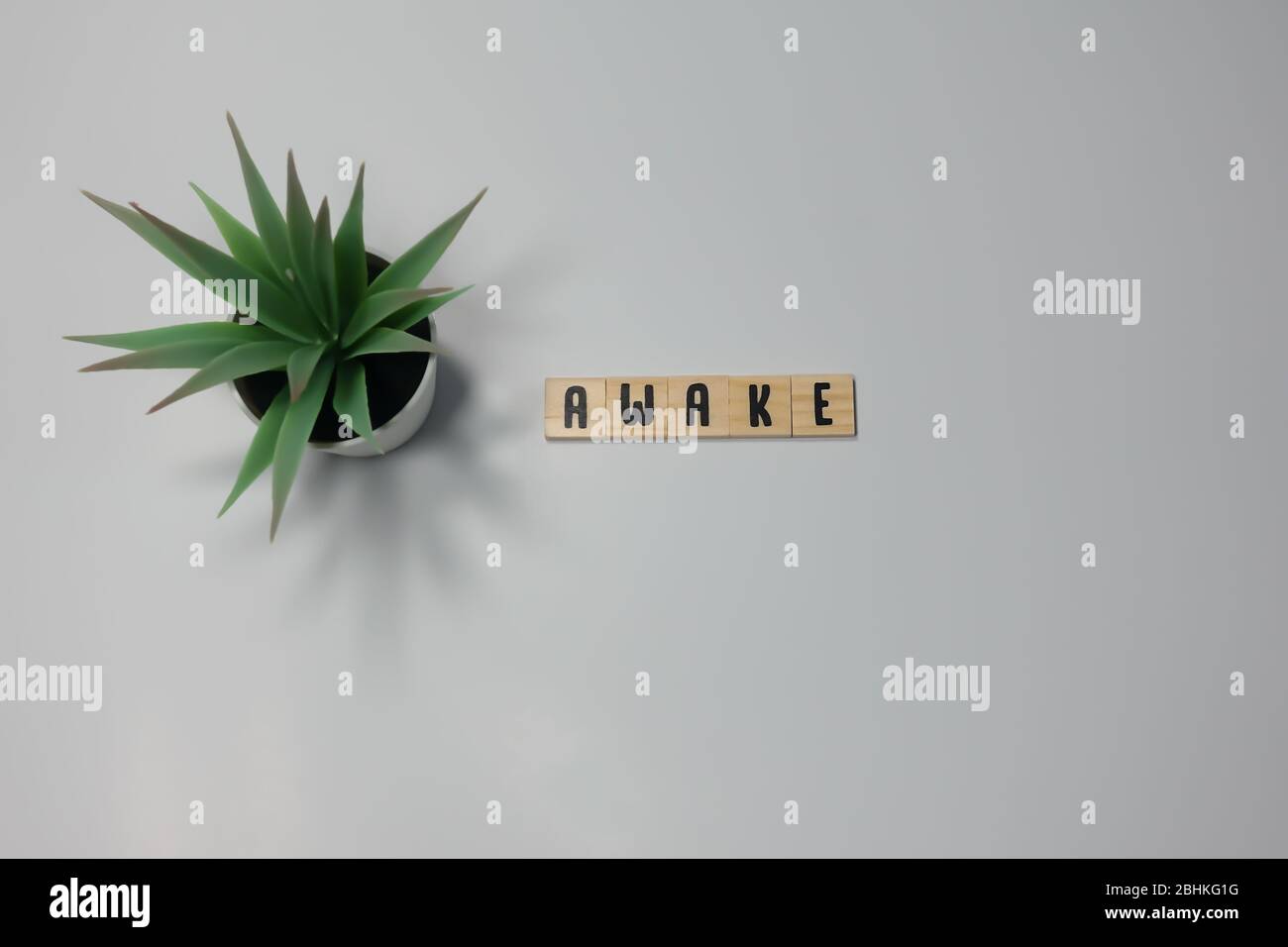 La parola Awake scritta in piastrelle di legno su sfondo bianco. Insonnia, irrequietezza e affaticamento. Foto Stock