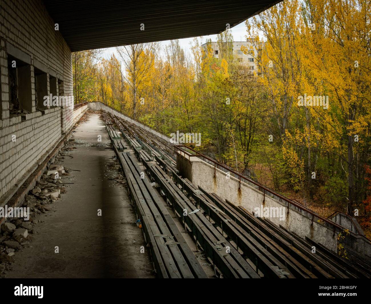 Abbandonata tribuna decadente dello stadio Avangard, presa dalla natura nella città fantasma Pripyat nella zona di esclusione di Chernobyl. Ucraina Foto Stock