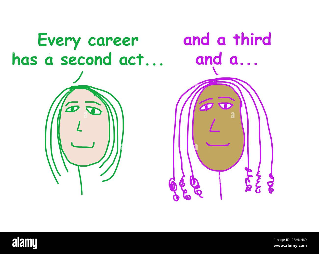 Colore cartone animato di due donne etnicamente diverse business dicendo che ogni carriera ha un secondo atto e un terzo atto. Foto Stock Colore cartone animato di due donne etnicamente diverse business dicendo che ogni carriera ha un secondo atto e un terzo atto. Foto Stock