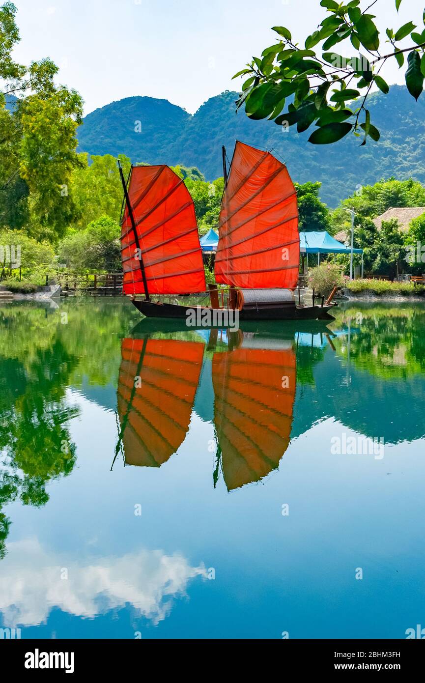 Spazzatura. Bella barca tradizionale vietnamita con vele rosse su un pittoresco lago nella giungla. Vele rosse riflesse nell'acqua. Verticale. Cat Ba, VI Foto Stock