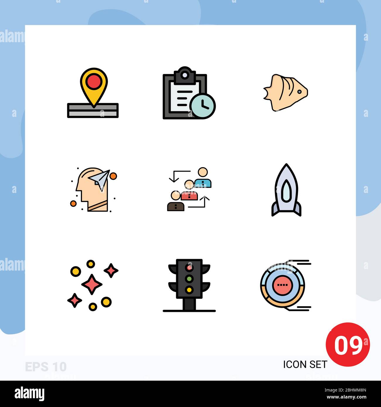 Set di 9 icone moderne dell'interfaccia utente simboli segni per avanzamento, carta, oceano, mente, elementi di disegno vettoriale umano modificabile Illustrazione Vettoriale