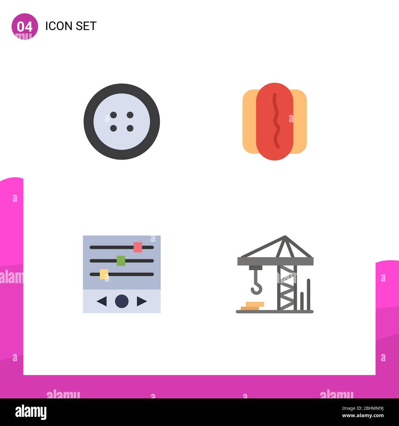 Set di 4 icone piatte vettoriali sulla griglia per Button, crain, hotdog, livelli musicali, elementi di design vettoriale editabili per la costruzione Illustrazione Vettoriale