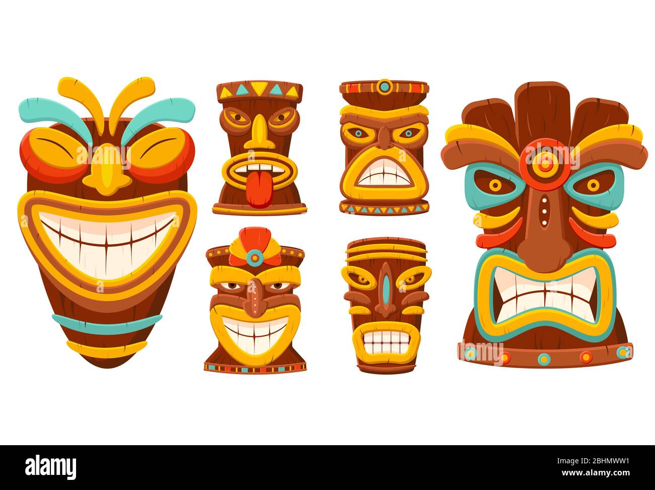 Set di maschere tribali tiki tradizionali hawaiane. Collezione di maschere  o totem polinesiane. Tradizionale maschera africana in legno colorato.  Isolato su sfondo bianco Immagine e Vettoriale - Alamy