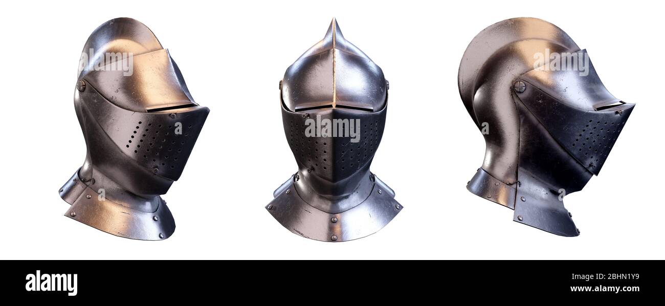 Set di casco Cavaliere Armet medievale Foto Stock