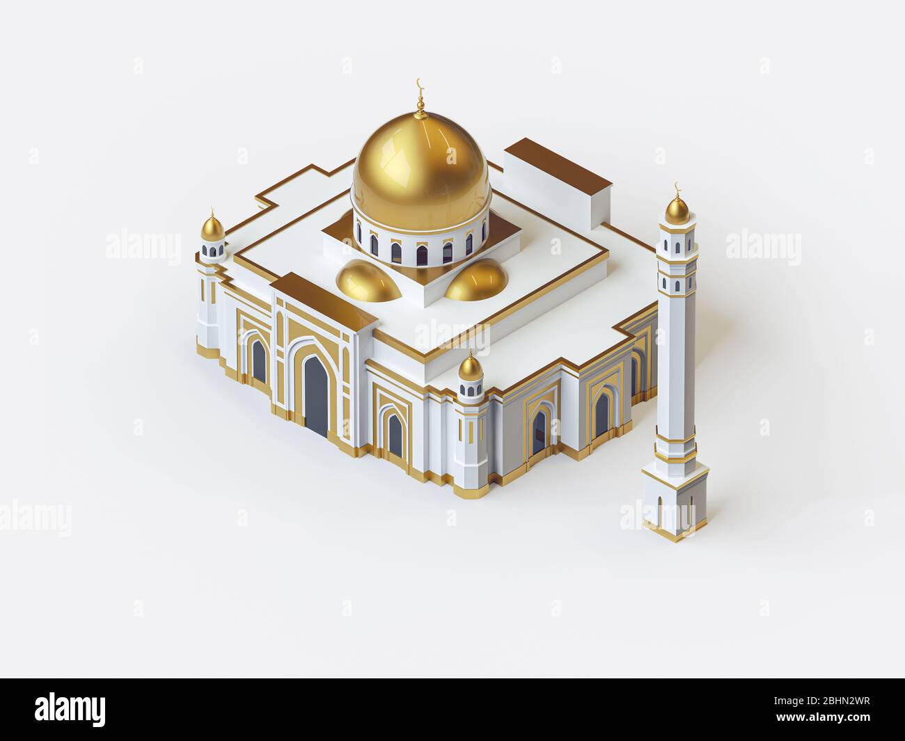 illustrazione 3d di una bella moschea bianca e dorata, architettura di stile isometrico Foto Stock