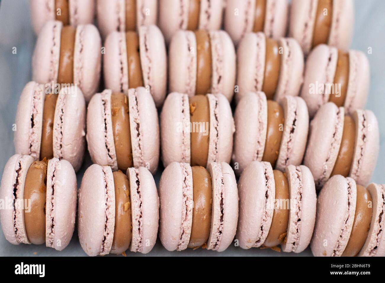 Vista ravvicinata sui macaroni di cioccolato francese con ripieno di cioccolato lucido. Messa a fuoco selettiva. Foto Stock