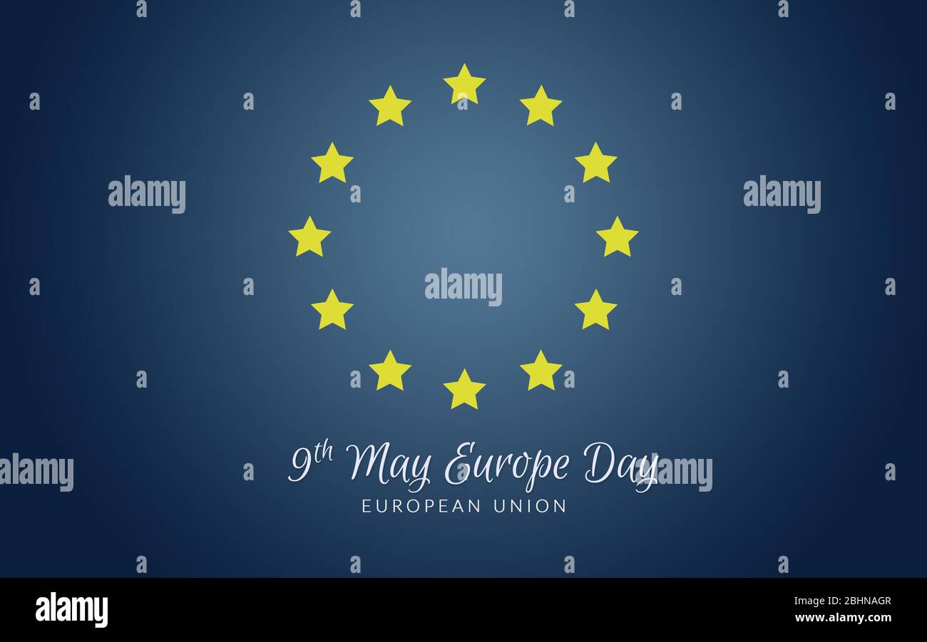Bandiera semplice dell'Unione europea, 9 maggio giornata europea, stella gialla isolata su colore blu scuro sfumato Foto Stock
