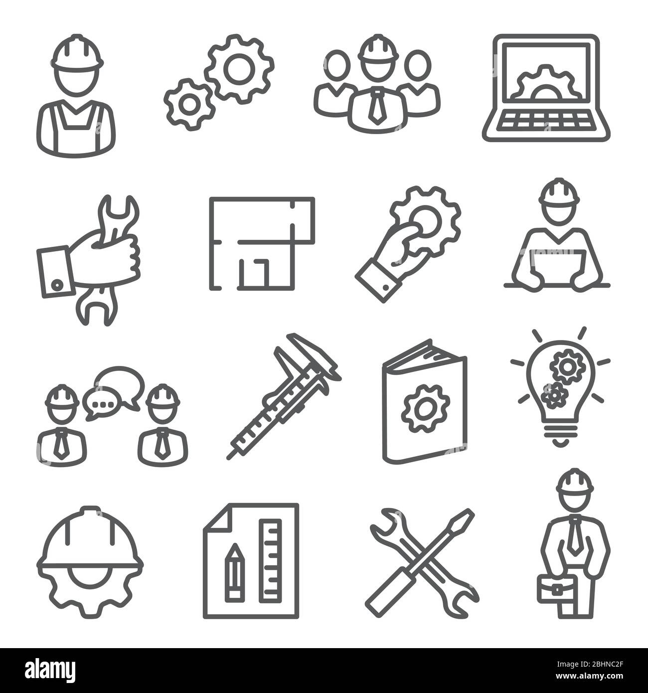 Icone della linea di ingegneria impostate su sfondo bianco Illustrazione Vettoriale