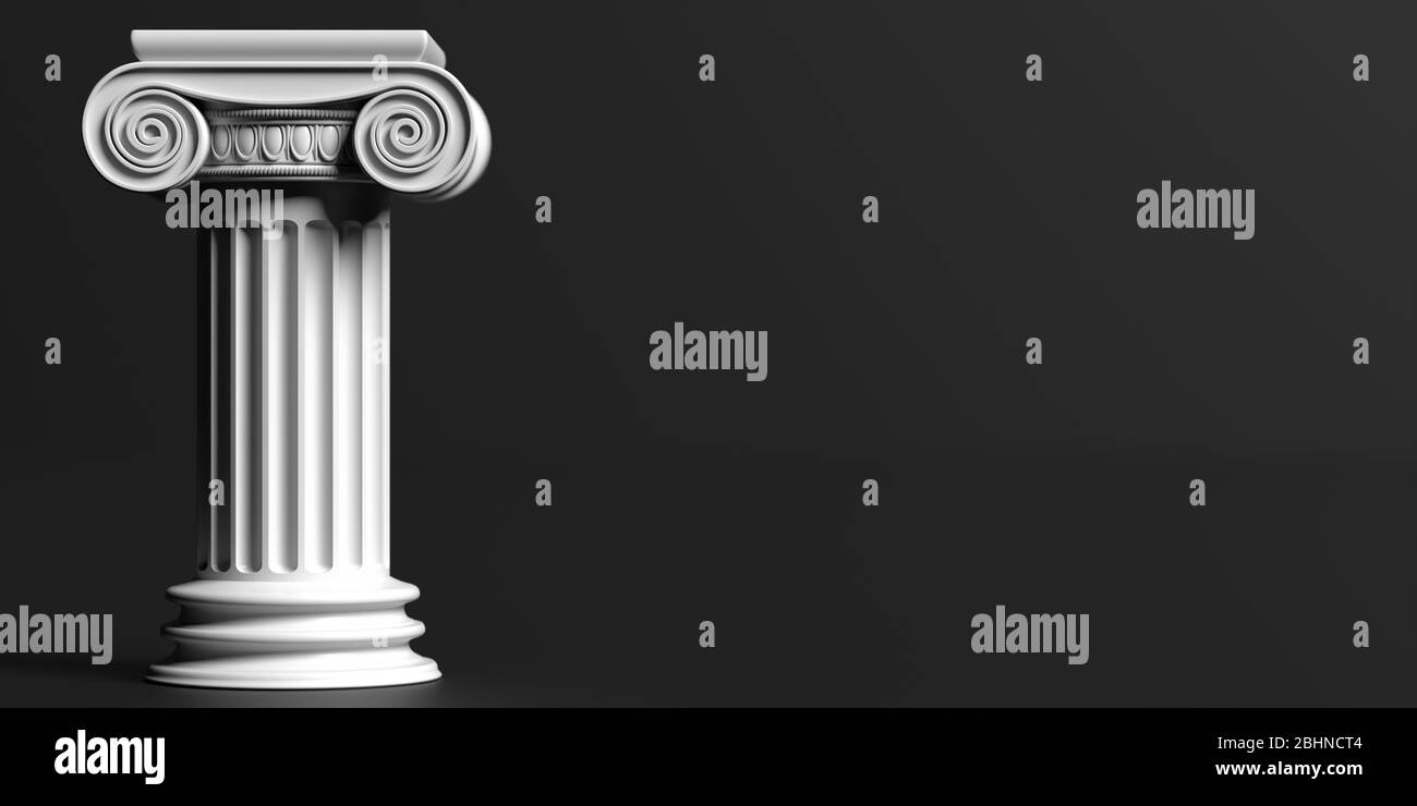 Colonna colonna antica greco bianco colore marmo pietra, piedistallo stile ionico, su sfondo nero, copia spazio. Modello di tema di architettura, legge. 3d Foto Stock