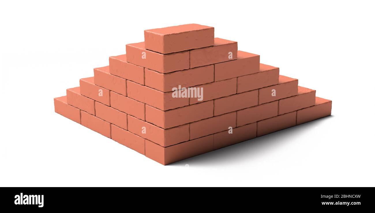 Costruzione di angoli in muratura. Parte di mattoni con mattoni industriali nuovi isolati su sfondo bianco. illustrazione 3d Foto Stock