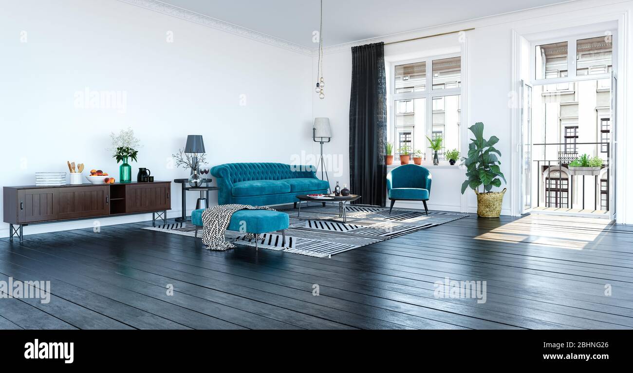 Design moderno degli interni di un soggiorno in un appartamento, casa, ufficio, comodo divano, fiori freschi e luminosi interni moderni e dettagli di Sunbeam Foto Stock