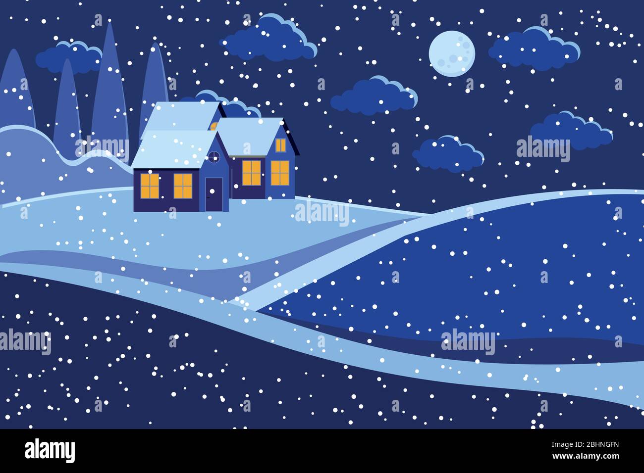 Paesaggio invernale notte con luna e case. Illustrazione Vettoriale