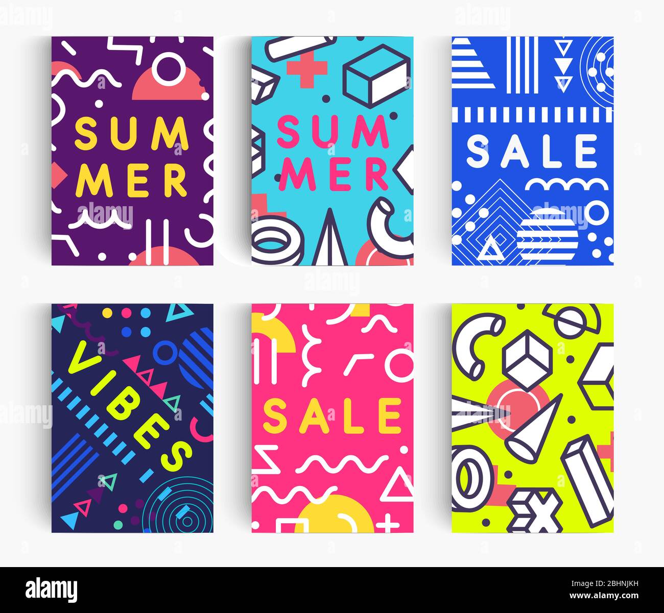 Set di poster estivi. Modello di disegno geometrico Bright Memphis per banner, cartoline e sfondi flyer. Illustrazione vettoriale creativa. Illustrazione Vettoriale