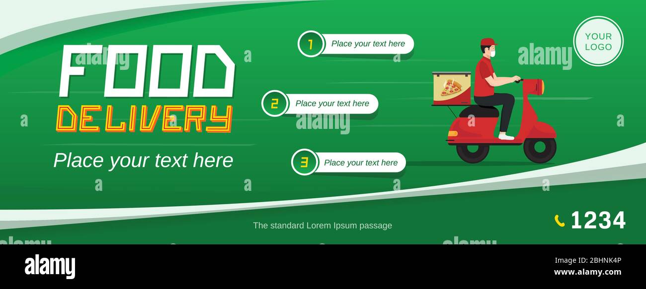 Servizio di consegna di cibo banner web con moto e spazio per il vostro testo su sfondo verde Illustrazione Vettoriale