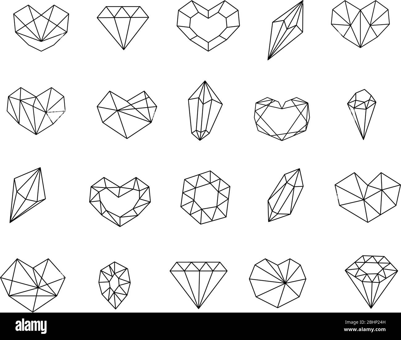 Pietra di gemma cristallo icona set linea di monoline art. Doodle diamanti raccolta per web design, illustrazione del libro Illustrazione Vettoriale
