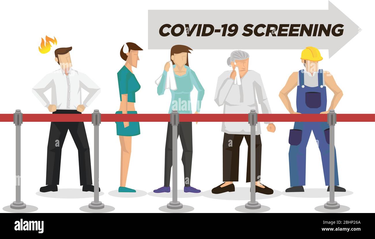 La gente accoda in su ed attende fare lo screening di salute di Coronavirus. Concetto di epidemia di coronavirus o pandemia. Illustrazione vettoriale. Illustrazione Vettoriale