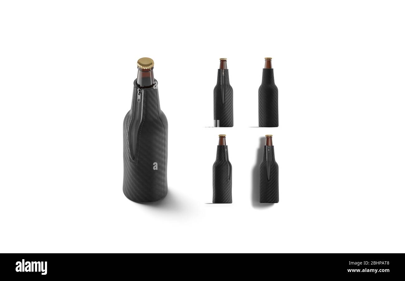Bottiglia di birra nera vuota pieghevole koozie mock up, diverse viste Foto Stock