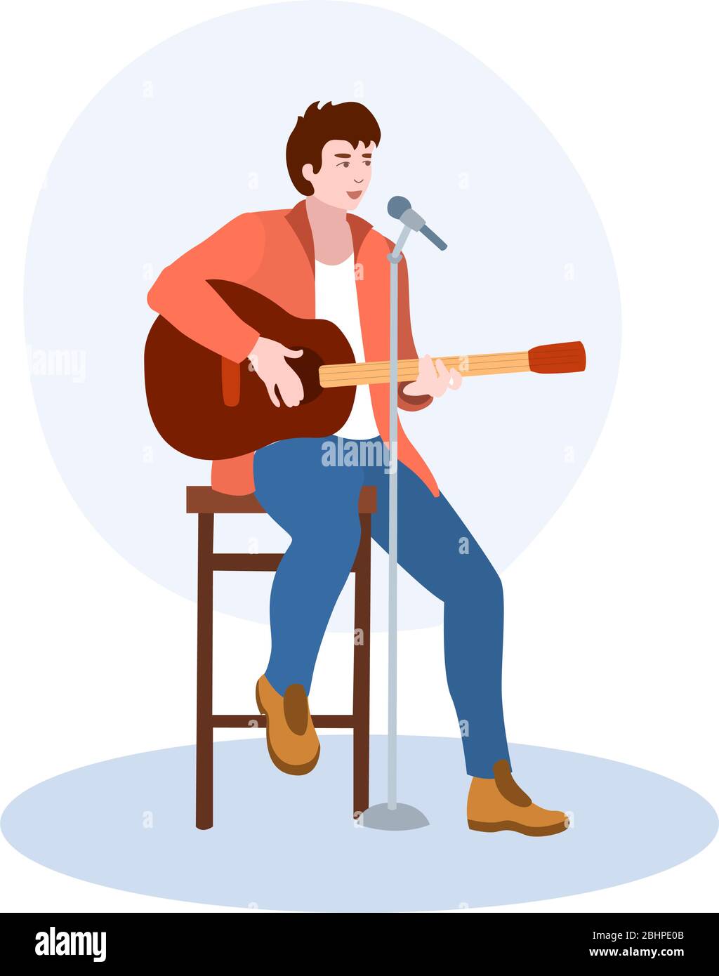 Un cantante seduto su una sedia alta con un'illustrazione vettoriale di chitarra dalla collezione hobby. Cartoni animati piatti isolati su bianco Illustrazione Vettoriale