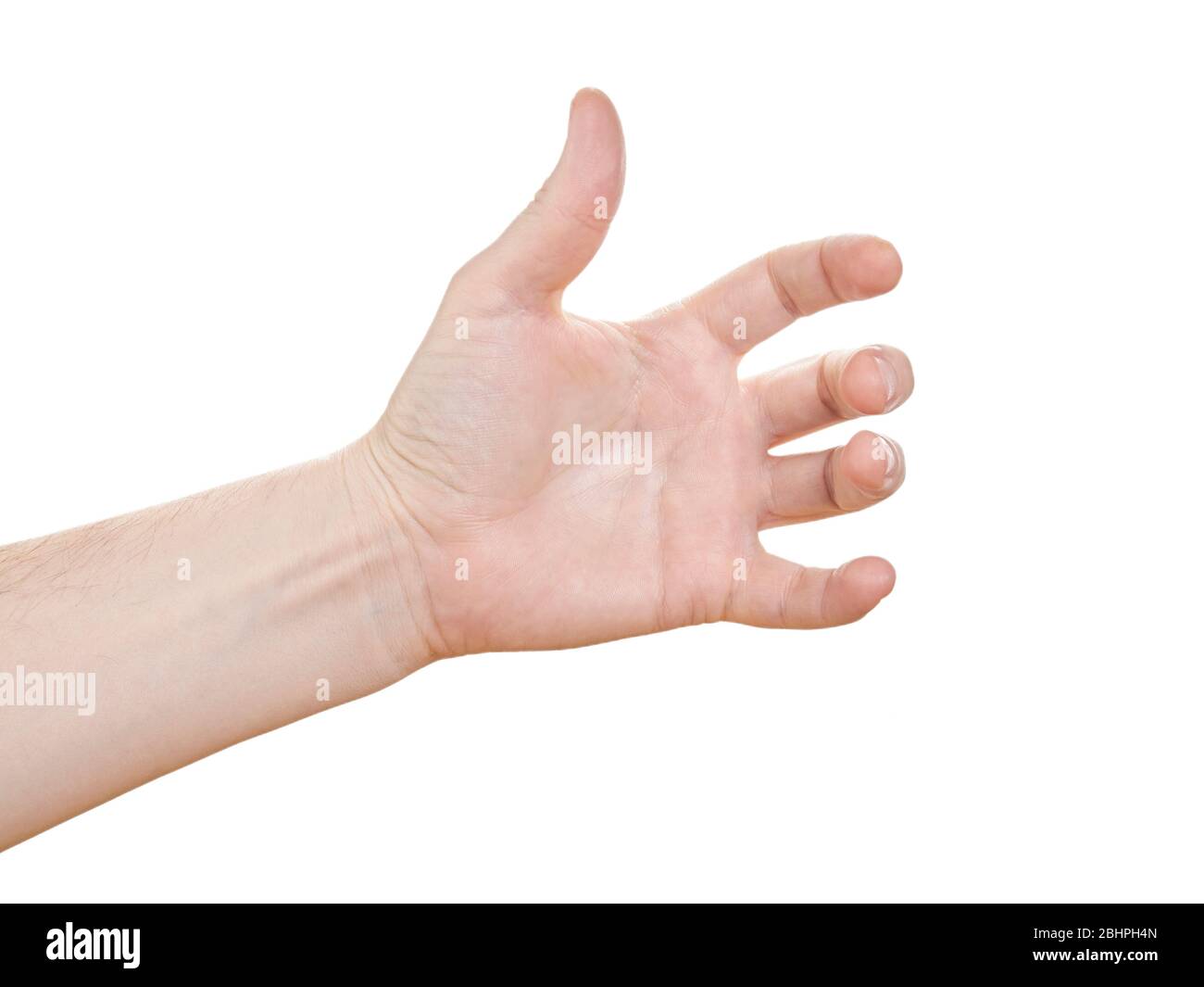 Mano per tenere qualcosa, isolato su bianco primo piano Foto Stock