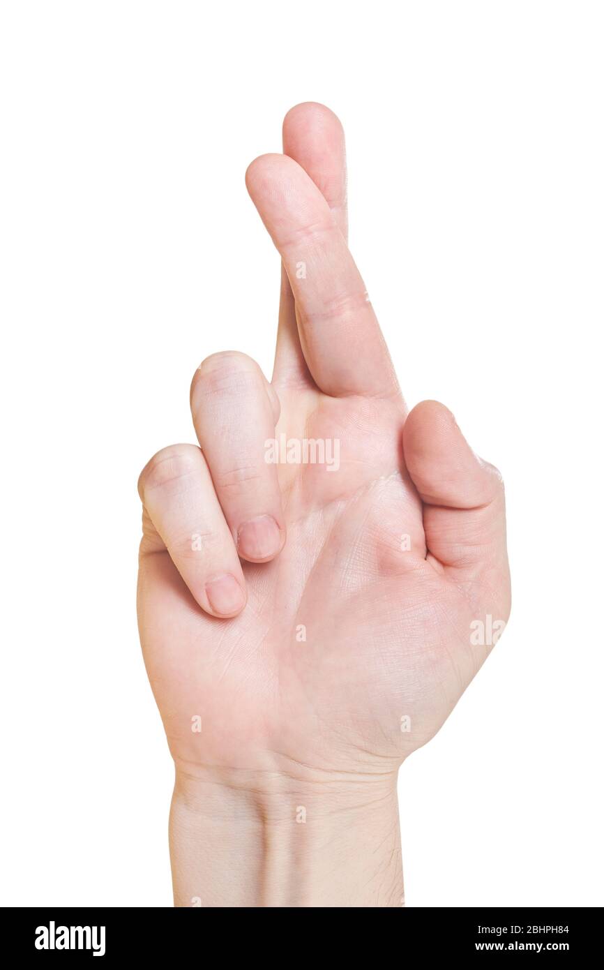 Mano con dita incrociate isolata su sfondo bianco Foto Stock